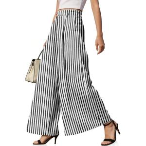 TARSE Womens High Waisted Linen Palazzo Pants 2026 Wide Leg Printed Pant Woman Flowy Work Casual Trousers with Pockets(Stripeblackwhite)