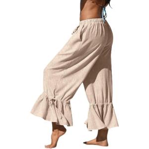 TARSE Womens Linen Wide Leg Pants Casual Cropped Ruffle with Ties Palazzo Flowy Drawstring Loose Cute Pants with Pockets(Heather Light Khaki)