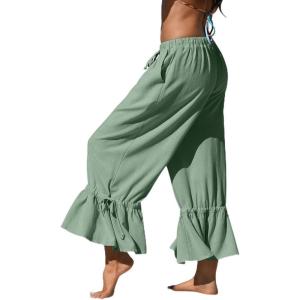 TARSE Womens Linen Wide Leg Pants Casual Cropped Ruffle with Ties Palazzo Flowy Drawstring Loose Cute Pants with Pockets(Light Army Green)