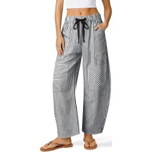 TARSE Women’s Striped Linen Barrel Pants Wide Leg Drawstring Baggy Summer Beach Lounge Pants with Pockets Y2k Patchwork(Black Stripe)