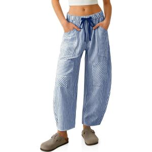TARSE Women’s Striped Linen Barrel Pants Wide Leg Drawstring Baggy Summer Beach Lounge Pants with Pockets Y2k Patchwork(Dark Blue Stripe)